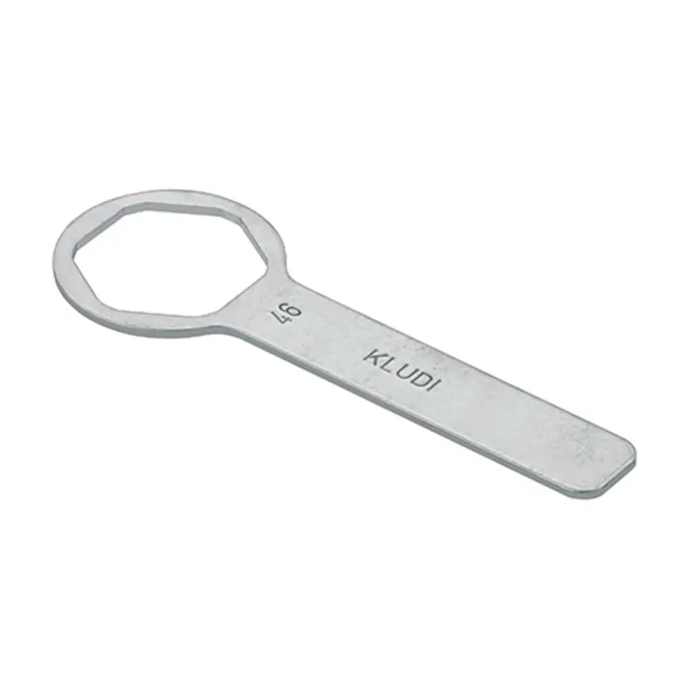 Ersatzteil von Kludi, ein Spannschraubenschlüssel mit einem sechseckigen Kopf und einem flachen Griff, geeignet für die Montage und Demontage von Armaturen.